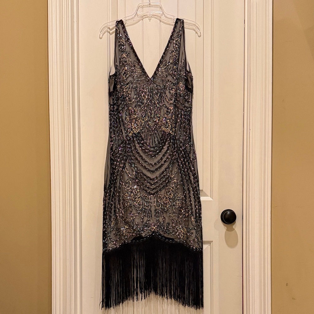 Chic Asymmetrical Black Beaded Dress
